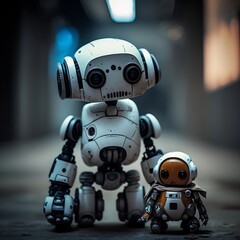 Fototapeta premium Big robot with baby robot. AI portrait illustration of two white robots with orange eyes on a gray stone floor.