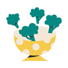 Illustration of broccoli falling into bowl. Flat vector of vegetables. Concept of cooking, healthy eating. Vegetarian food