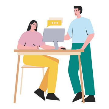 Two people working and talking. Man and woman in office with computer having discussion and talk about work. Vector illustration of work in front of computer