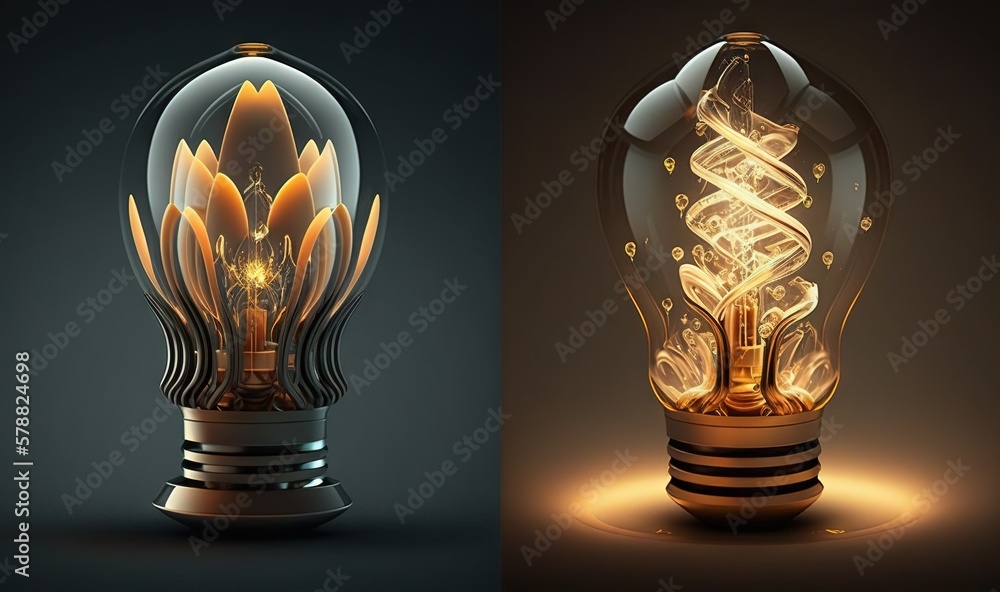 Poster a glowing light bulb with a spiral design inside of it. generative ai