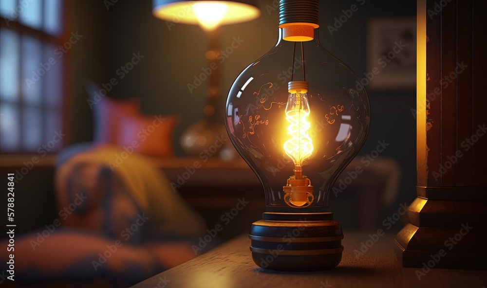 Poster a light bulb sitting on top of a table next to a lamp. generative ai