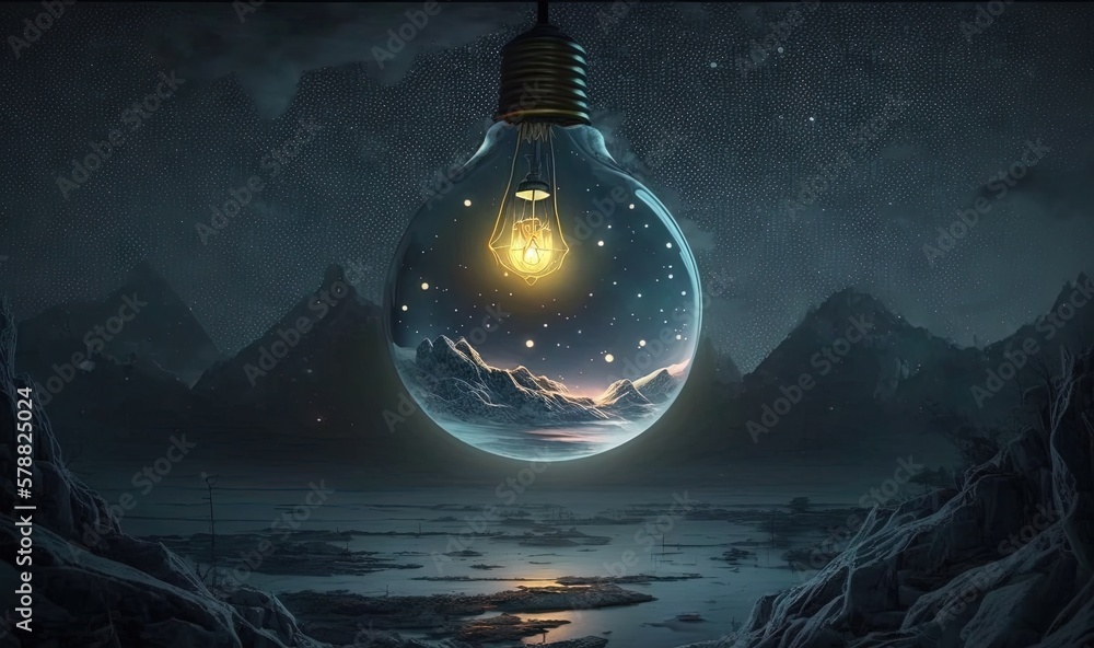 Poster a light bulb with a glowing light inside of it in the middle of a snowy landscape. generative ai