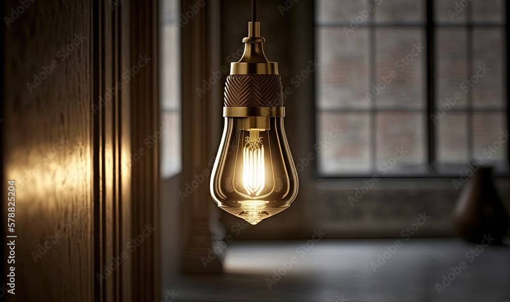 Poster a light bulb hanging from a ceiling in a room with a window. generative ai