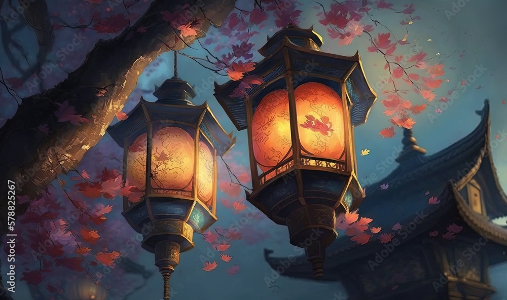 Poster a couple of lanterns hanging from the side of a tree. generative ai