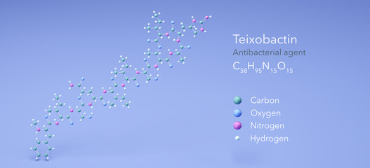 teixobactin molecule, molecular structures, antibacterial agent, 3d model, Structural Chemical Formula and Atoms with Color Coding