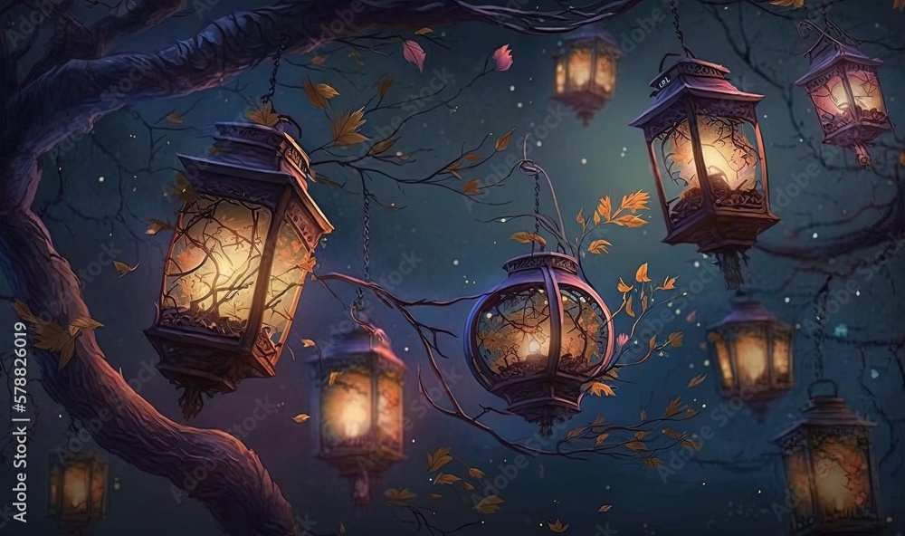 Poster  a group of lanterns hanging from a tree in the night.  generative ai