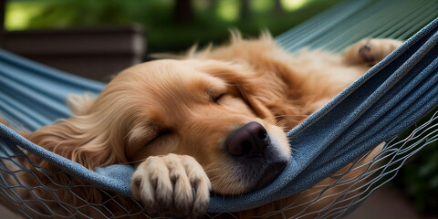 golden retriever sleeping in a hammock