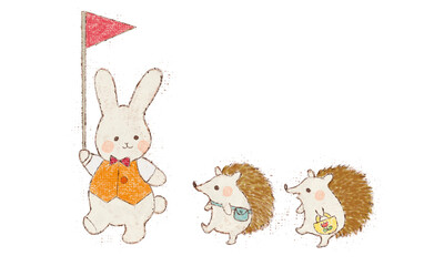 ウサギのツアーに参加するハリネズミ(png)