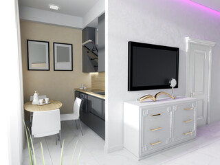 modern kitchen in the apartment, 3d rendering