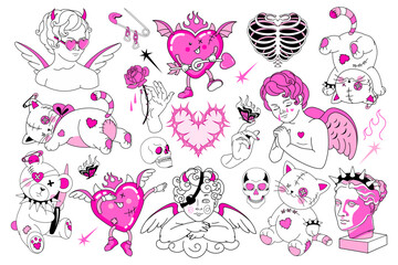 Set of y2k stickers. Lovely baby pink color. Dark emo goth graphic with devil and angel. Gothic prints with mystical fire, flame, hearts. Vintage isolated badges. Weird 90s, 00s love aesthetic.