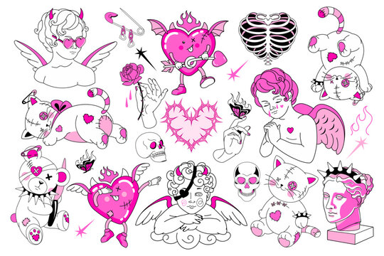 Set Of Y2k Stickers. Lovely Baby Pink Color. Dark Emo Goth Graphic With Devil And Angel. Gothic Prints With Mystical Fire, Flame, Hearts. Vintage Isolated Badges. Weird 90s, 00s Love Aesthetic.