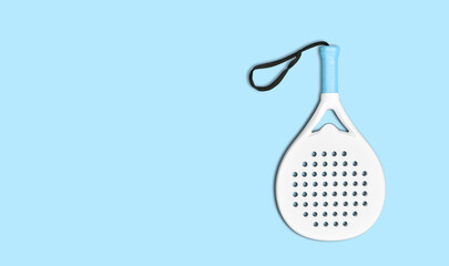 White professional paddle tennis racket on blue background. Horizontal sport theme poster, greeting...
