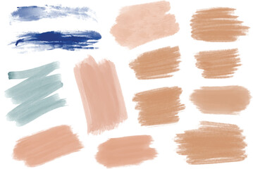 Set of different watercolor paint brush strokes in pastel color. Artistic design elements, grungy background vector illustration