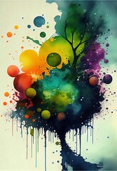 watercolor multicolored spots and circles with smudges, with a painted tree branch.