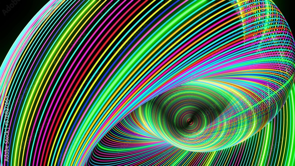 Aufkleber 3d render. abstract geometric bg with rings form complex twisted spiral and light effects. rings fla