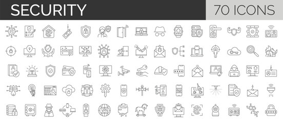 Fototapeta Set of 70 Protection and Security Vector Line Icons. Data,Technology, Cyber Security. Editable use and stroke obraz