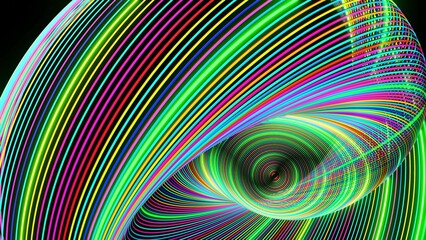 3d render. Abstract geometric bg with rings form complex twisted spiral and light effects. Rings flash neon multicolor lights. Neon ring bulbs for show or events, festivals or concerts