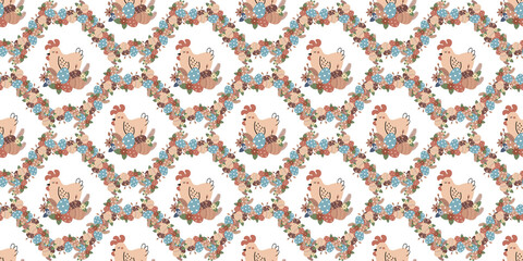 Retro Easter pattern with chickens and eggs for Easter holiday