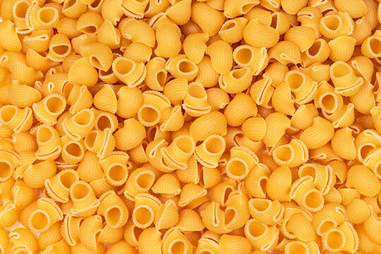 Pasta seca sin cocinar en un fondo blanco, textura y forma &uacute;nica con forma de caracol 