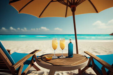 Two glasses of cocktails or juice placed on table at the beach. Summer abstract holiday vacation background