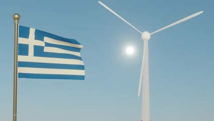 Coal transformed to wind energy clearing up the sky with flag of Greece - Powered by Adobe