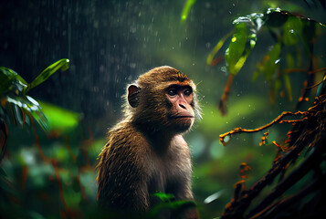 Cute monkey in the jungle during rain created with AI	 - obrazy, fototapety, plakaty