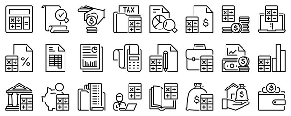 Line icons about accounting. Finances. Line icon on transparent background with editable stroke. - obrazy, fototapety, plakaty