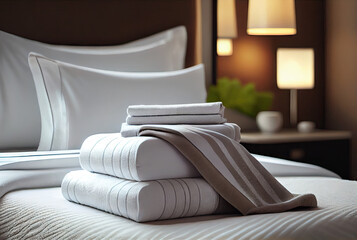 Fresh towels on bed in hotel room created with AI - obrazy, fototapety, plakaty