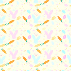 Obraz na płótnie Canvas Pattern with colored eggs, carrots, rabbits, flowers, dots and spirals