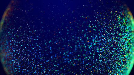 Magical multicolored sparkles of light form abstract simple spiral structure. Multi-colored glow particles float in viscous liquid as fantastic 3d background. 3d render