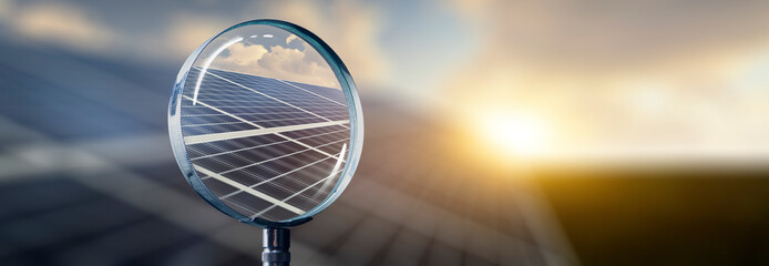 solar panel at sunset focused with a magnifying glass