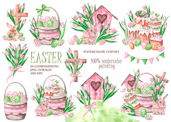 Happy Easter watercolor illustration. Easter cake, baking. Painted eggs. Cross. Easter Bunny. Easter hunt. Basket. Spring, pink tulips, birdhouse. For printing on stickers, postcards, tags.