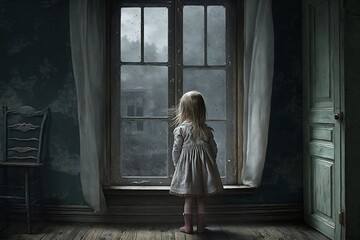 A Young Blonde Haired Girl Standing in a House While Looking Out a Window Generative AI