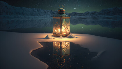 A lantern standing on ice on a lake created with generative AI technology