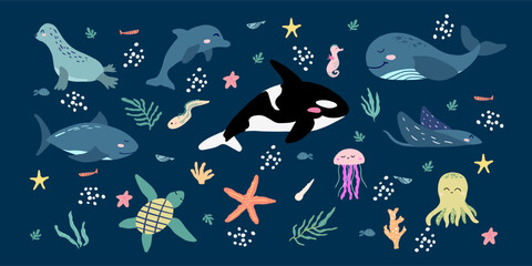Set of hand drawn sea animals for children. Clipart of cute dolphin, orca, whale, octopus and other ocean creatures in childish style. © Obscurie