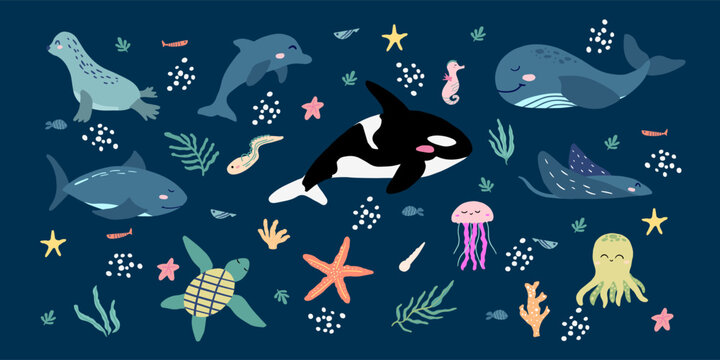 Set of hand drawn sea animals for children. Clipart of cute dolphin, orca, whale, octopus and other ocean creatures in childish style.