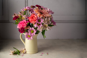 Beautiful fresh flowers. Pink bouquet of flowers in vase.