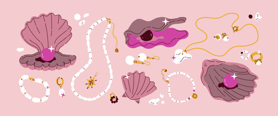 Pearls and jewelers vintage aesthetic bundle. Various golden necklace, bracelet, chain, ring and earrings illustration. Seashell with black gem. Glitter accessories vector concept. All items isolated