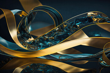 Wavy ribbon, abstract design, blue and gold, generative ai
