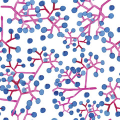 Watercolor seamless pattern with blue and pink berries on white background.