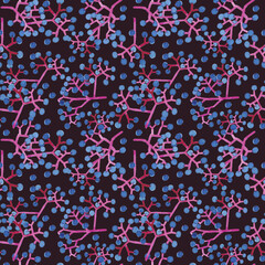 Seamless pattern with blue and pink berries of dog wine on dark background.