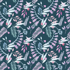 Seamless floral pattern with leaves and bluebell plant.