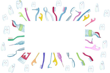 Cute cartoon tooth characters on white background with copy space for text.
