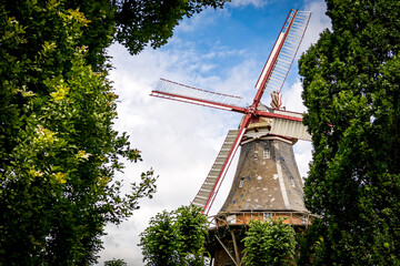 Iconic smock mill tower of Mühle am Wall stands tall with lush trees framing the scene and its red...