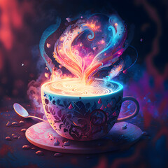 cup of coffee with magic color smoke