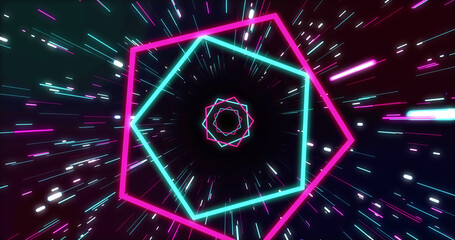 Composition of spiral of green and pink pentagons and light trails on black background