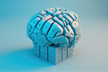 3d rendering robot brain learning on light blue background.