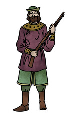 Medieval warrior with Arquebus, hand drawing colored