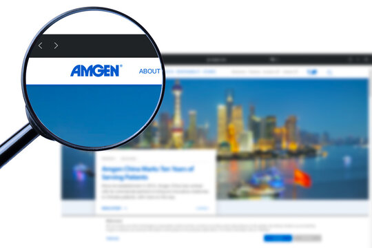 Richmond, Virginia, USA - 7 Martha 2023: Illustrative Editorial of Amgen Inc website homepage. Amgen Inc logo visible on display screen.