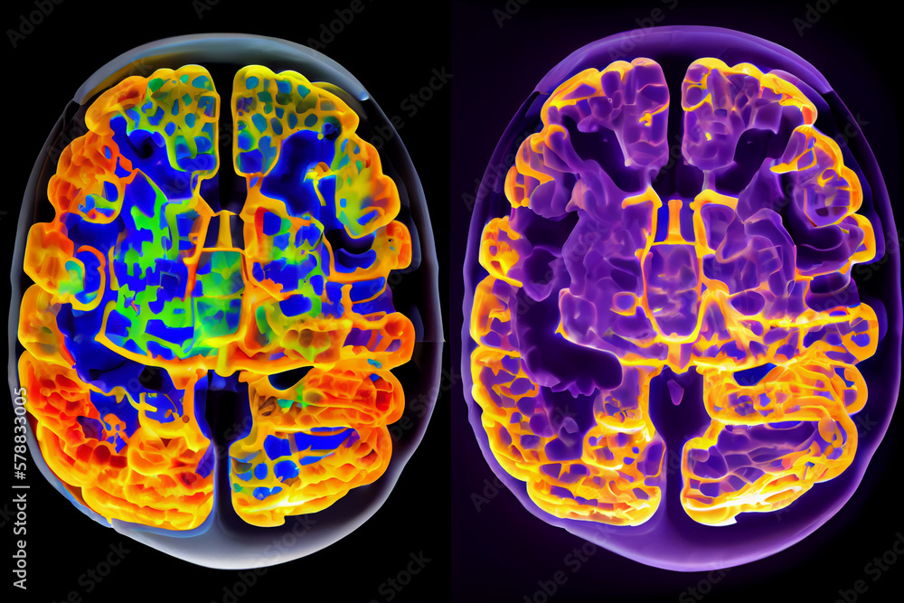 Aufkleber A before-and-after brain scan of an individual who has undergone neuroplasticity-based therapy, showing significant changes in brain structure and function. Generative AI technology.